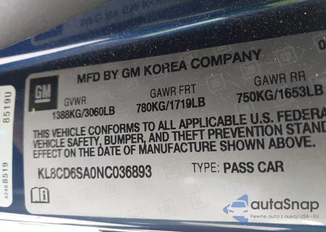 2022 Chevrolet Spark Fwd 1Lt Automatic from USA, damaged, VIN KL8CD6SA0NC036893